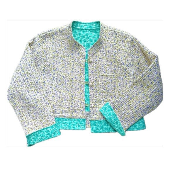 Reversible Quilted Cotton Blazer Jacket with Floral Brooch Cropped M, FBC Studio - Picture 8 of 17